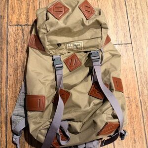 L.L. Bean Olive Canvas Backpack with Brown Leather Accents